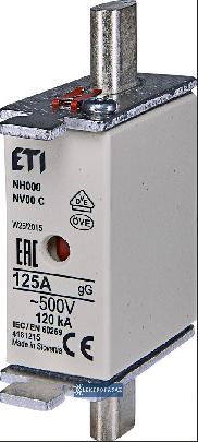Wkładka topikowa przemysłowa zwłoczna NH00 WT-00 125A 500V AC gG kombi 004182215 ETI Polam 1