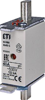 Wkładka topikowa przemysłowa zwłoczna NH00 WT-00C  40A 500V AC gG kombi 004181210 ETI Polam 1